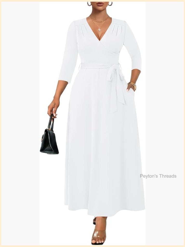 Maxi Wrap Dress With Pockets 3/4 Sleeve V-Neck Tie Waist Plus Size